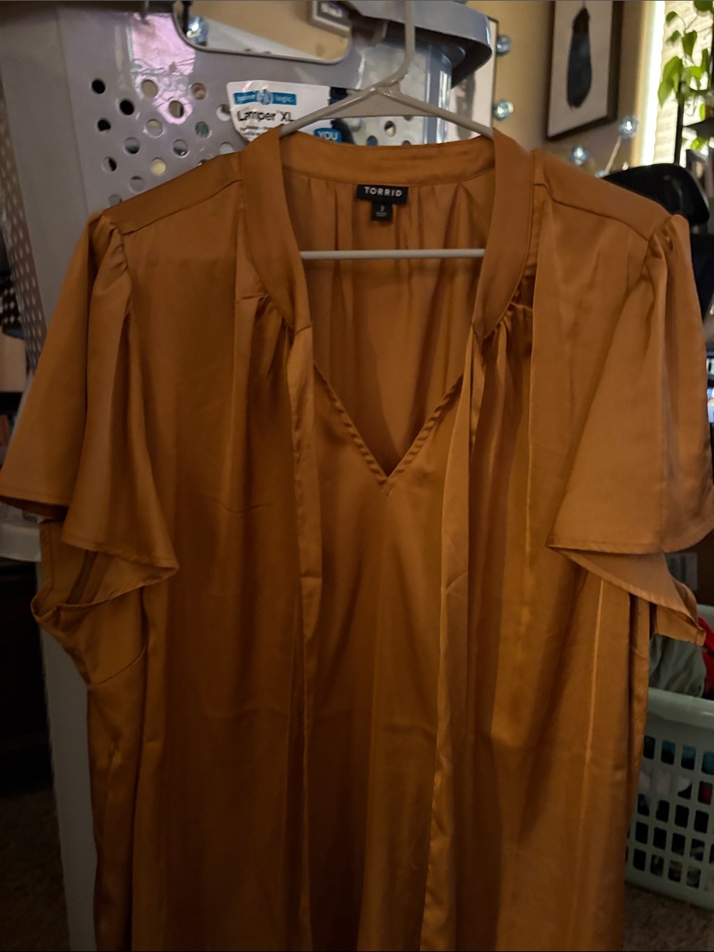 Torrid Satin V-Neck Tie Front Flutter Sleeve Blouse Mustard Gold 3X
